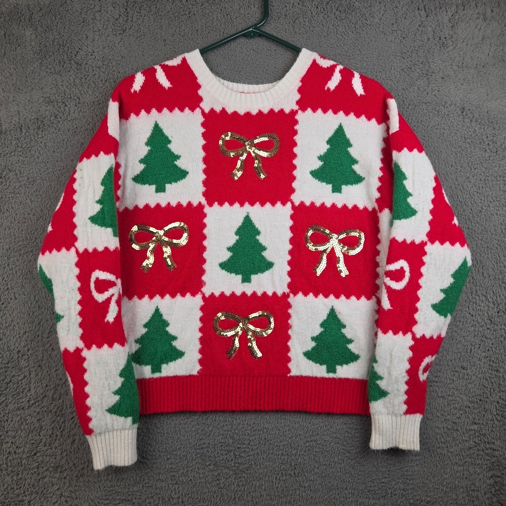 Christmas Sweater Women's Medium Red White Holiday Time Trees Bows Winter